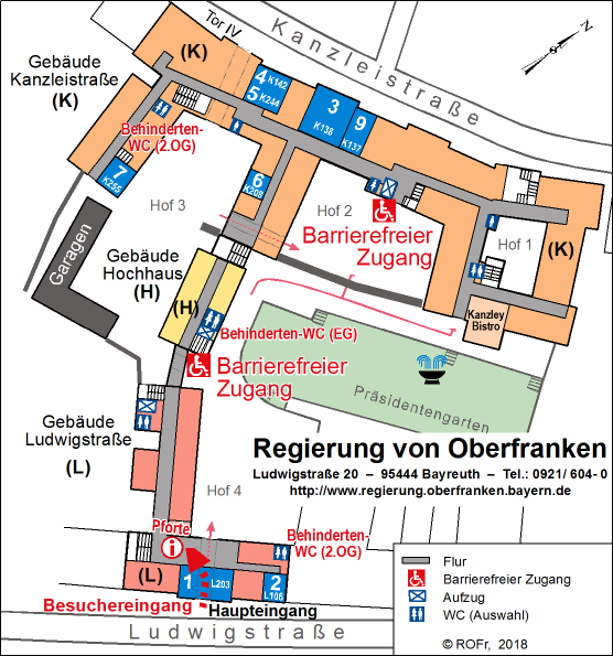 Gebäudeplan der Regierung von Oberfranken mit Markierungen der Barrierefreien Zugänge